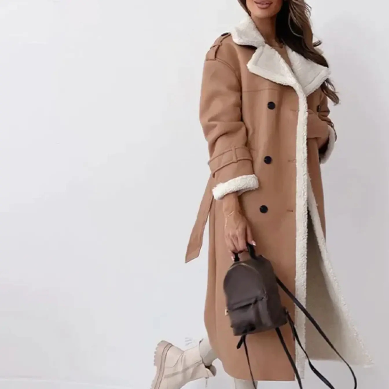 Trench Coat Women Long Shearling-Lined Double-Breasted | Winter | Khaki1