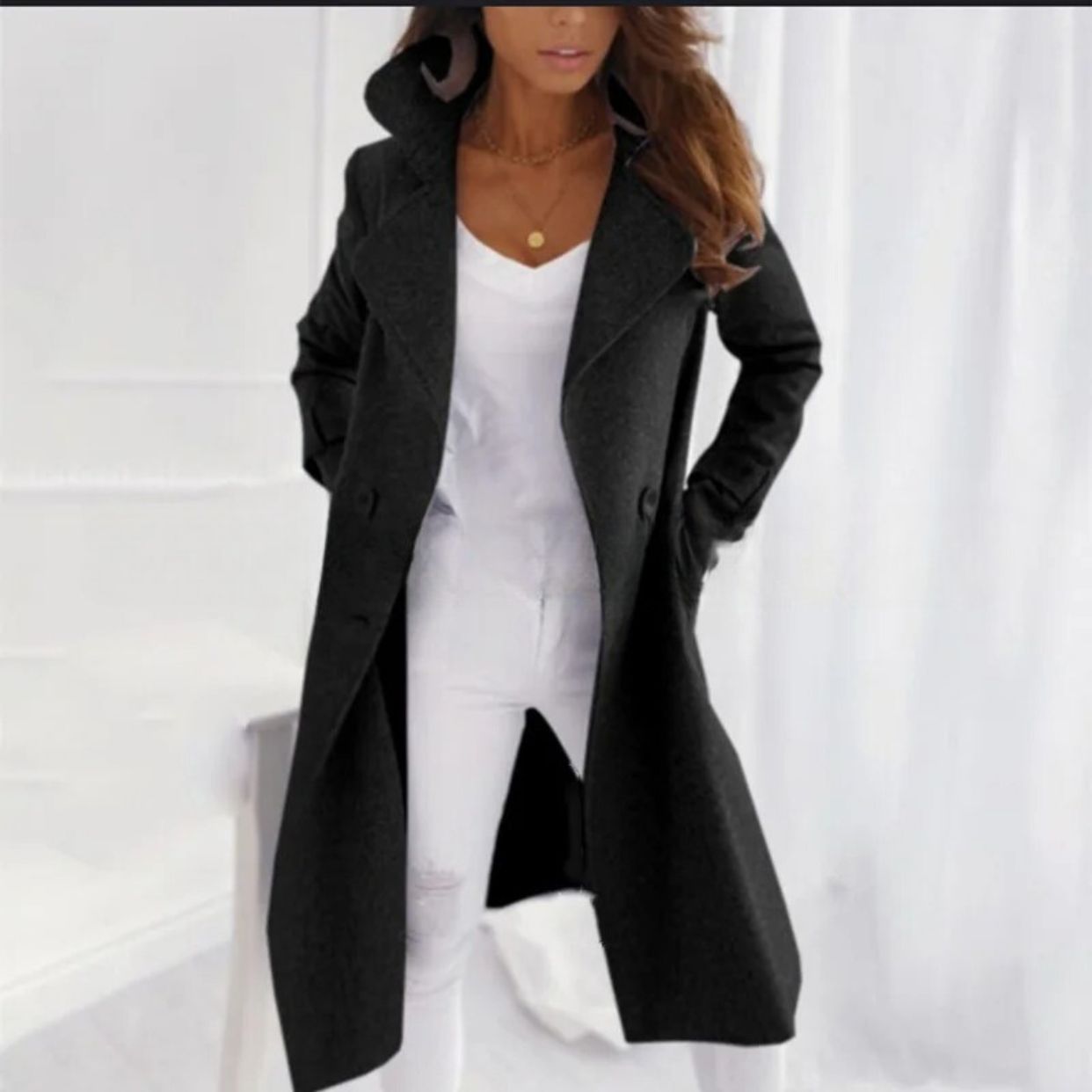 Turned-Down Collar Long Coat for Women | Winter | Black