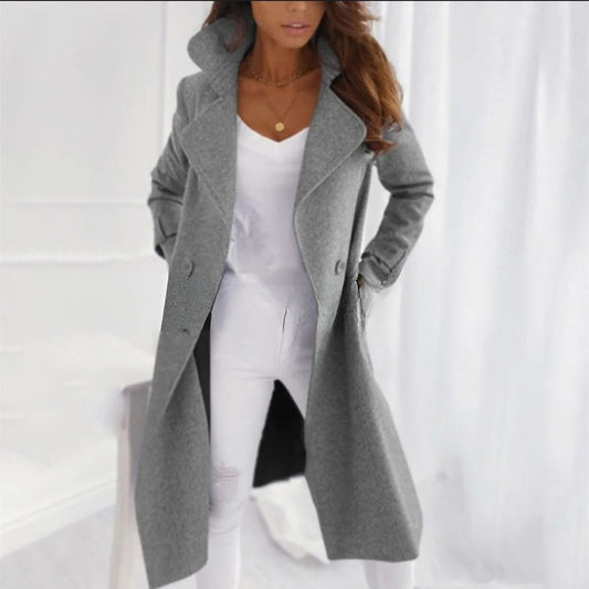 Turned-Down Collar Long Coat for Women | Winter | Gray