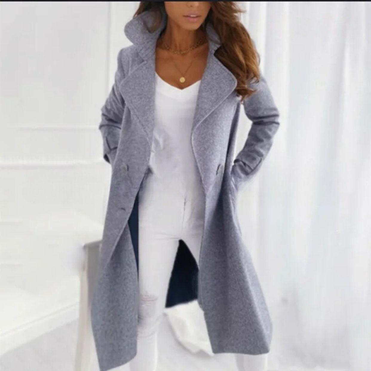 Turned-Down Collar Long Coat for Women | Winter | Light Gray