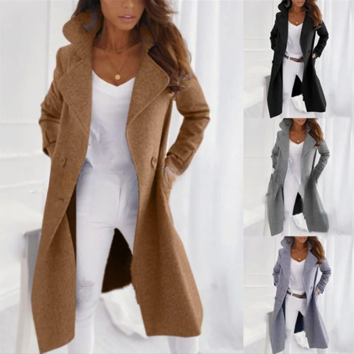 Turned-Down Collar Long Coat for Women | Winter | khaki