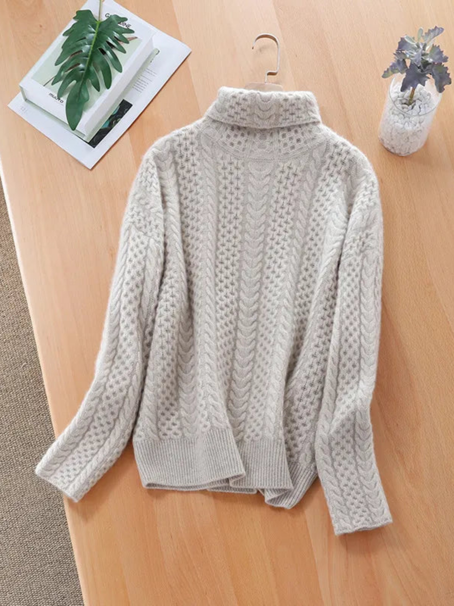 Turtleneck Sweater for Women | Cable Knit, Relaxed Fit | Beige
