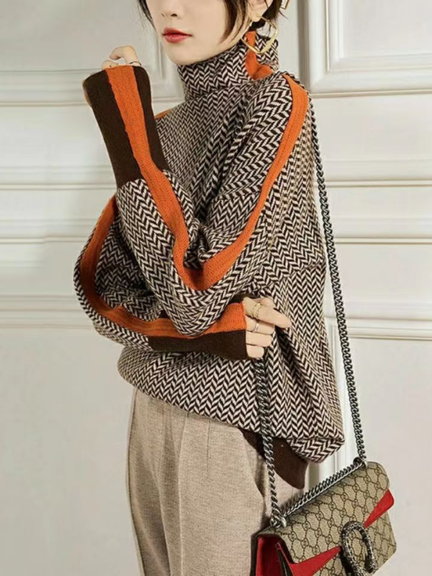 Turtleneck Sweater for Women | Geometric Print | Orange1