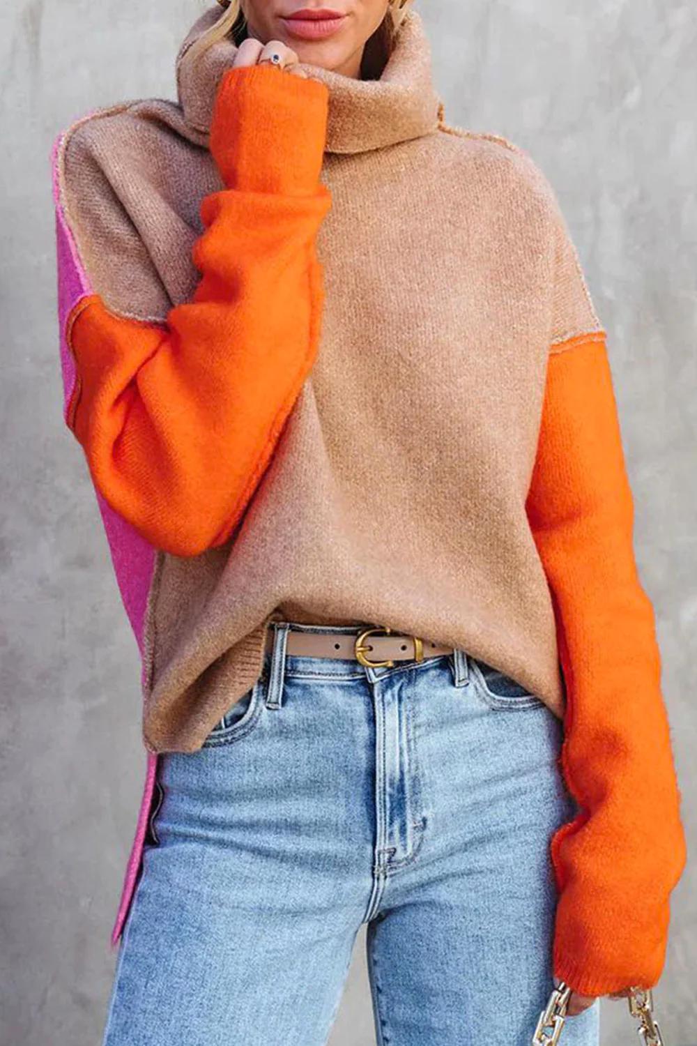 Turtleneck Sweater for Women, Loose Fit, Color Block Design | Winter 1