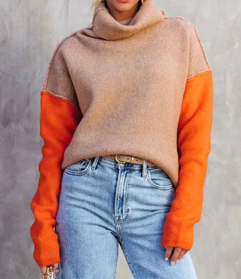 Turtleneck Sweater for Women, Loose Fit, Color Block Design | Winter 2
