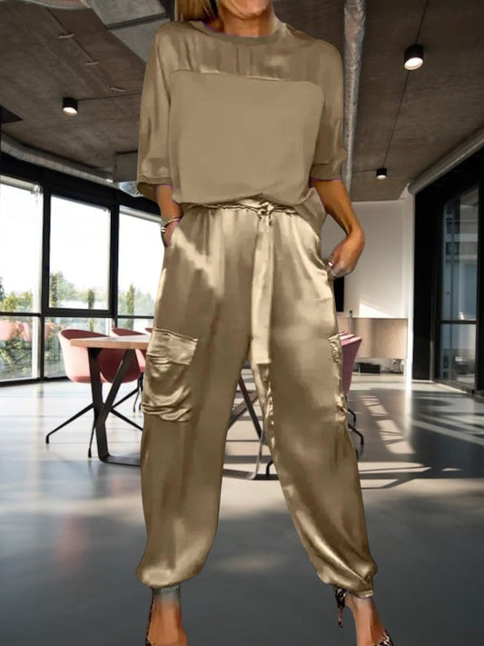 Ulla | Women's Satin Set with Loose-Fitting Pants and Short sleeve Blouse | Gold