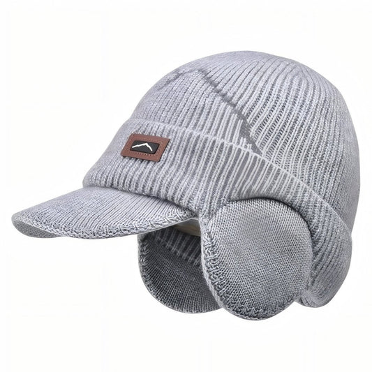 Unisex Winter Hat | Knitted with Ear Flaps and Visor | Light Gray