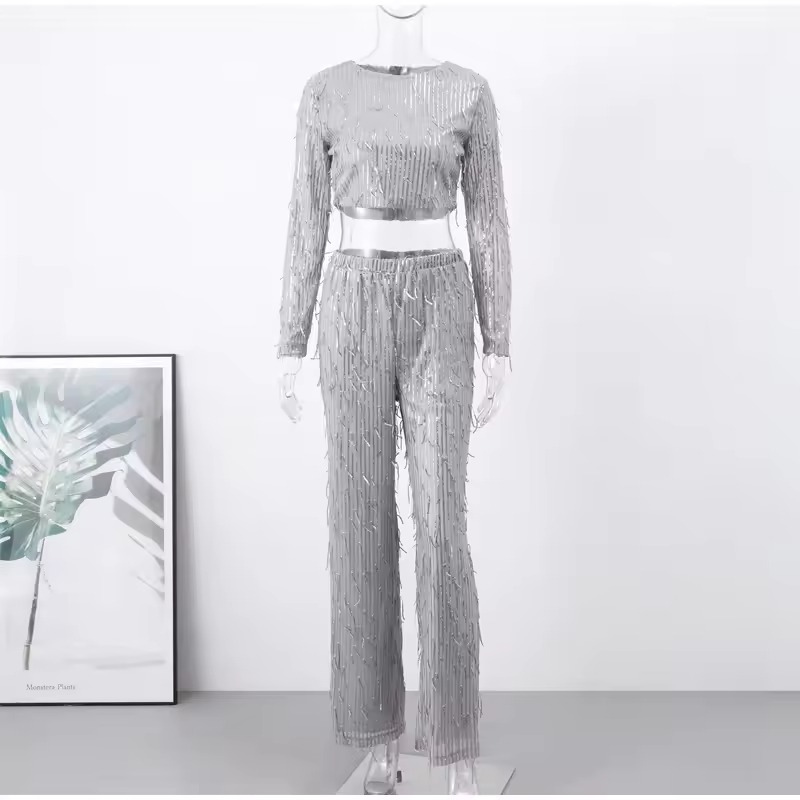 Women’s Autumn Silver Crop Top & Wide Leg Pants Set - Fashion Street Style Suit