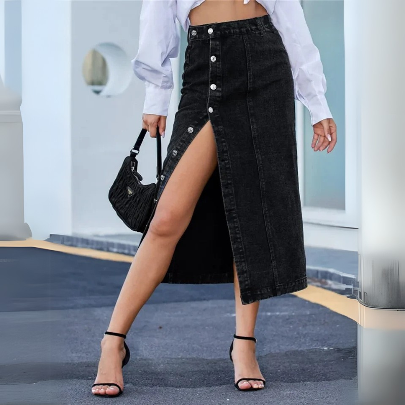 Women's High Waist Denim Skirt - Sexy Side Buttons & Irregular Slits, Skinny Fit
