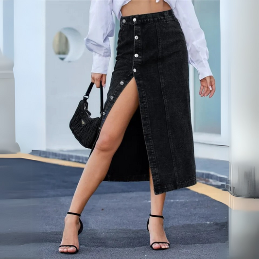 Women's High Waist Denim Skirt - Sexy Side Buttons & Irregular Slits, Skinny Fit