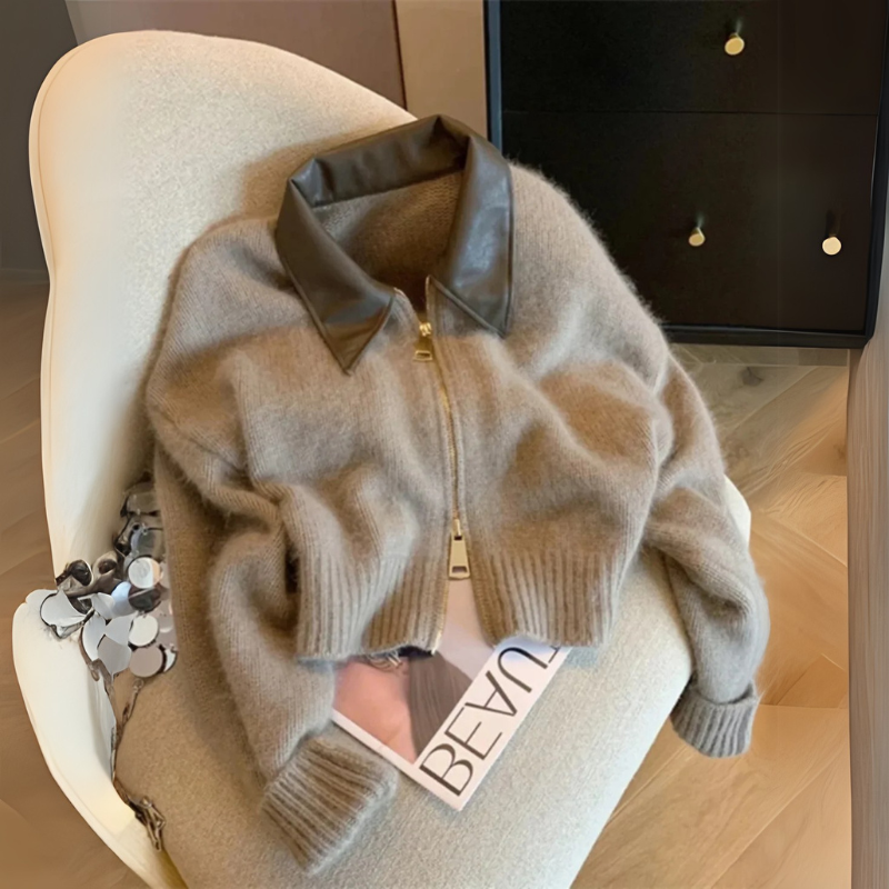 Women's Knitted Sweater - With Leather Collar Double Zipper Stylish & Warm