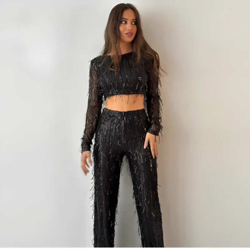 Women’s Autumn Silver Crop Top & Wide Leg Pants Set - Fashion Street Style Suit