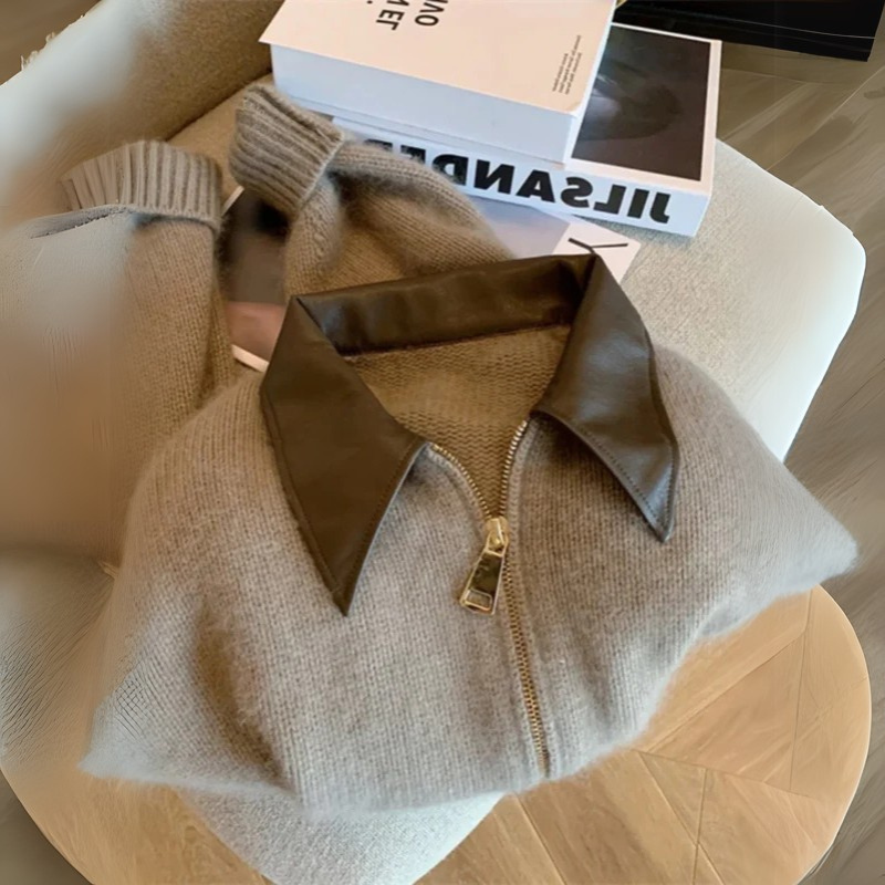 Women's Knitted Sweater - With Leather Collar Double Zipper Stylish & Warm