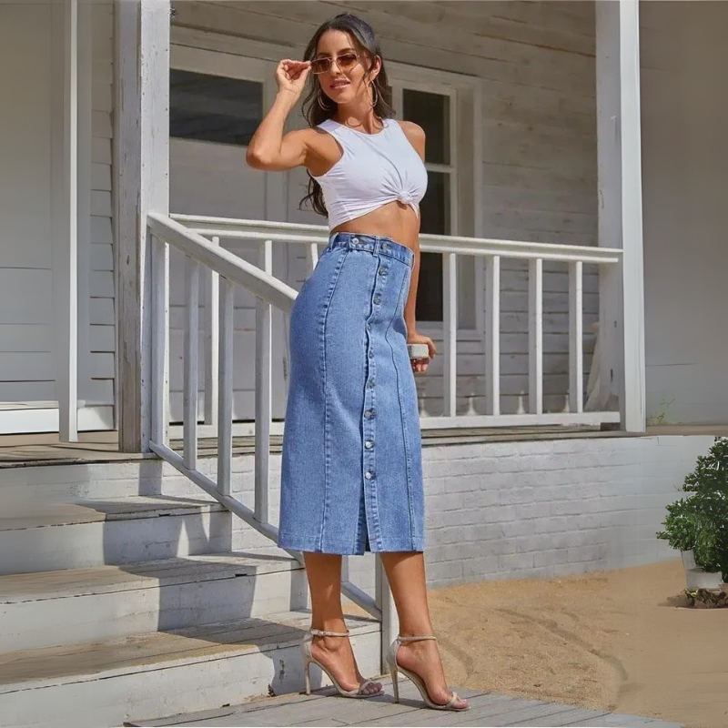 Women's High Waist Denim Skirt - Sexy Side Buttons & Irregular Slits, Skinny Fit