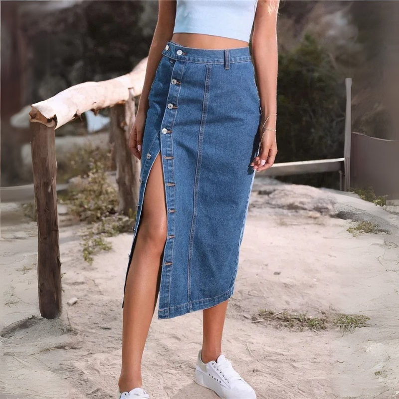 Women's High Waist Denim Skirt - Sexy Side Buttons & Irregular Slits, Skinny Fit