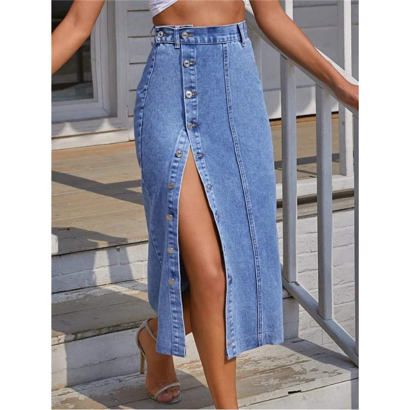 Women's High Waist Denim Skirt - Sexy Side Buttons & Irregular Slits, Skinny Fit