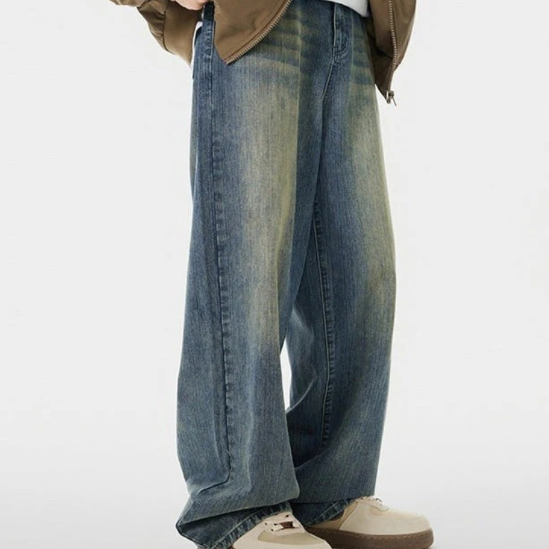 Men's Loose Fit Washed-Out Ginger Blue Jeans - Casual Relaxed Fit Denim Pants