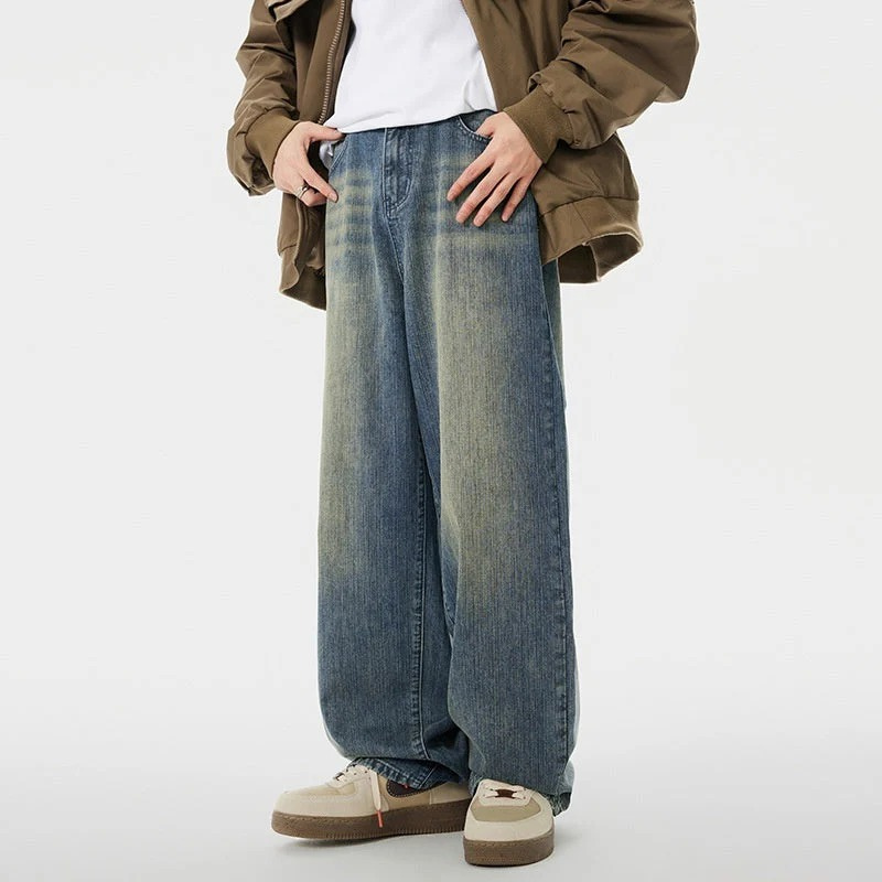 Men's Loose Fit Washed-Out Ginger Blue Jeans - Casual Relaxed Fit Denim Pants