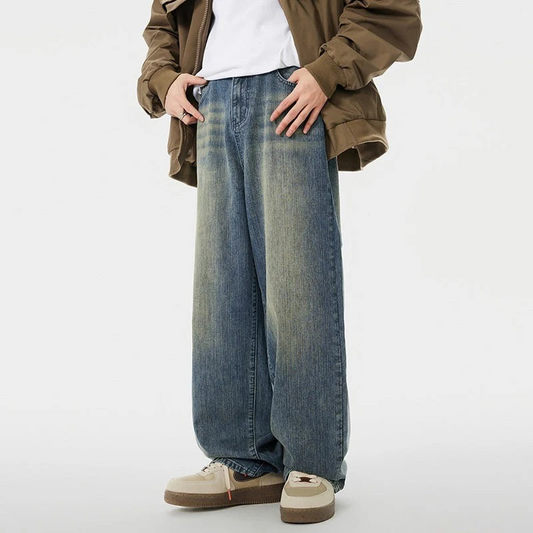 Men's Loose Fit Washed-Out Ginger Blue Jeans - Casual Relaxed Fit Denim Pants
