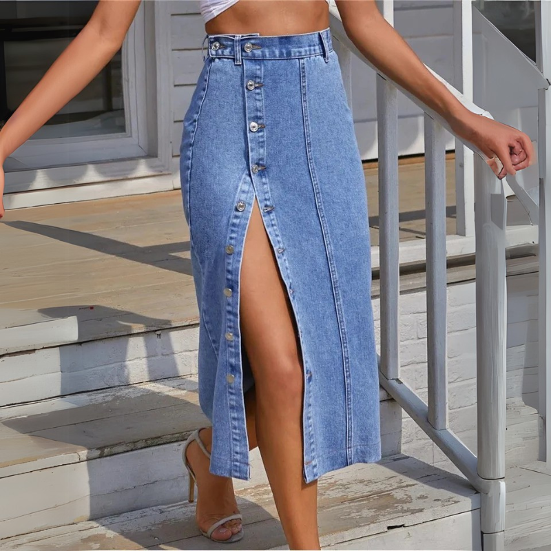 Women's High Waist Denim Skirt - Sexy Side Buttons & Irregular Slits, Skinny Fit