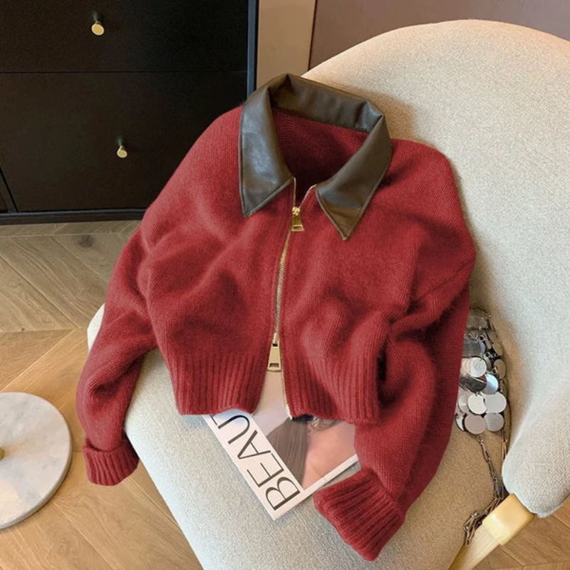 Women's Knitted Sweater - With Leather Collar Double Zipper Stylish & Warm
