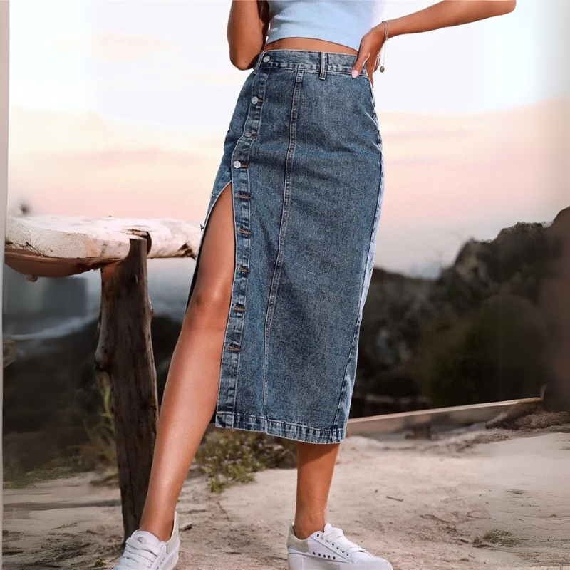 Women's High Waist Denim Skirt - Sexy Side Buttons & Irregular Slits, Skinny Fit