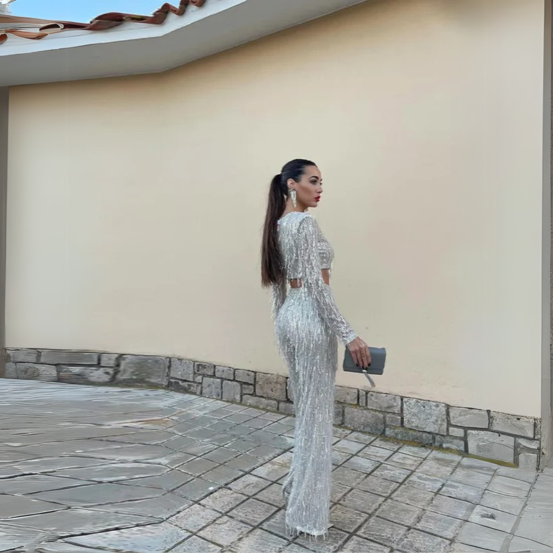 Women’s Autumn Silver Crop Top & Wide Leg Pants Set - Fashion Street Style Suit