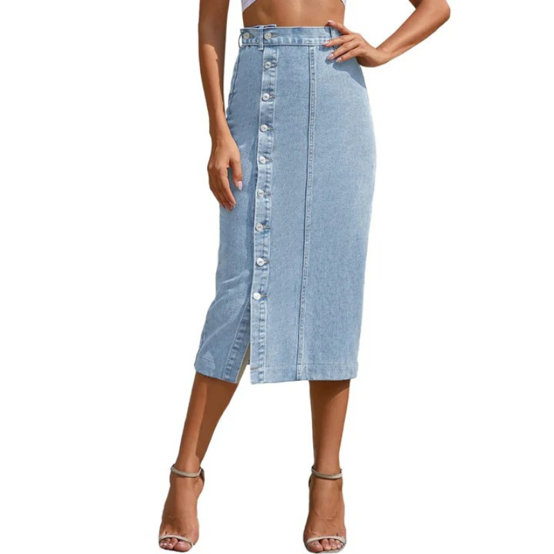 Women's High Waist Denim Skirt - Sexy Side Buttons & Irregular Slits, Skinny Fit
