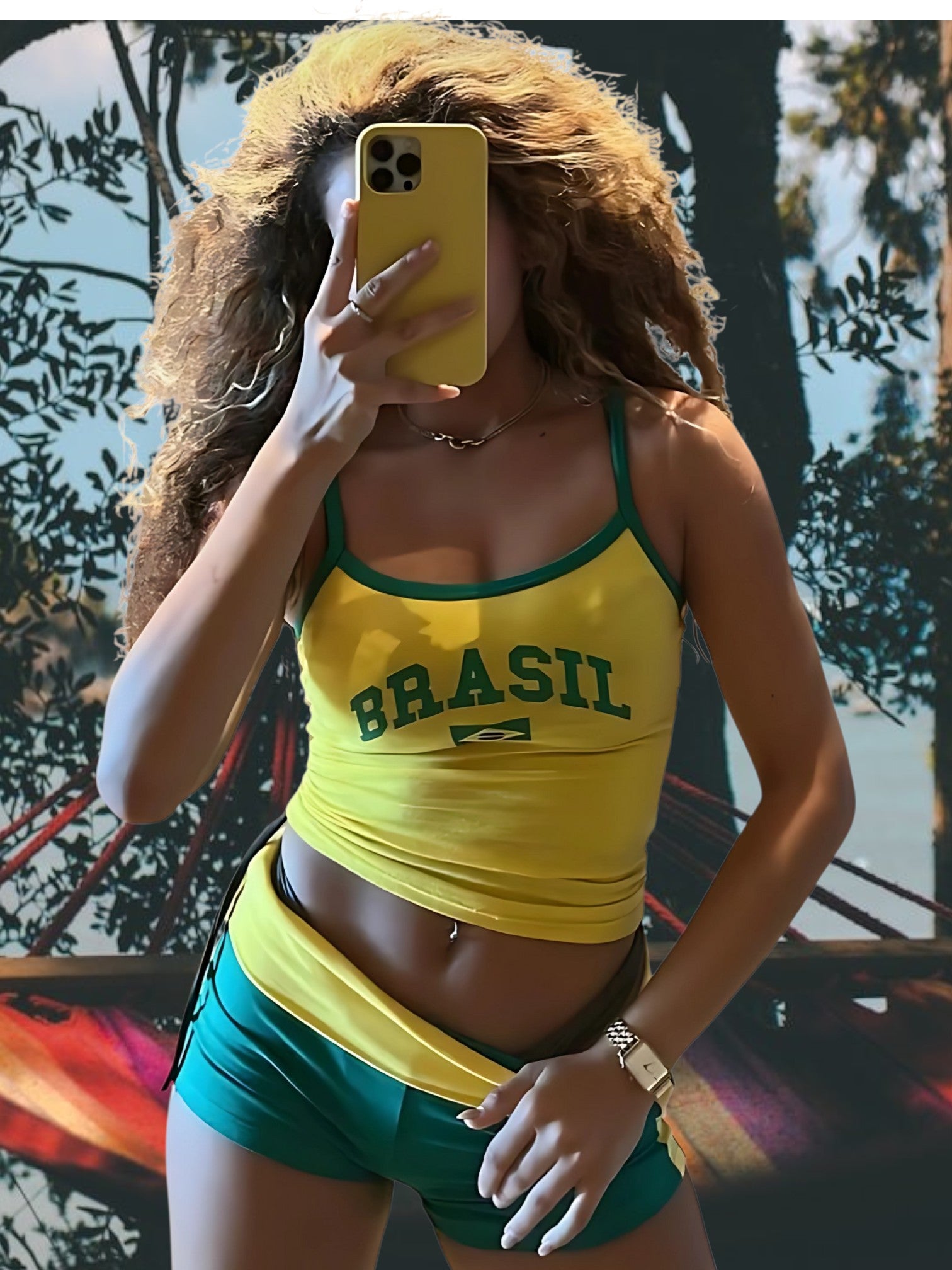 Valerian | Sporty Women's T-shirt Shorts Set Brazil Letter Aesthetic 90s Design | Yellow