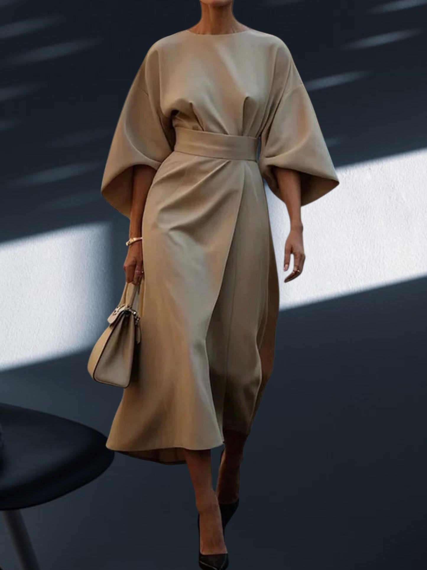 Veda | Women's Elegant Lantern Sleeve Dress with Adjustable Waist Tie for a Flattering Fit | Beige