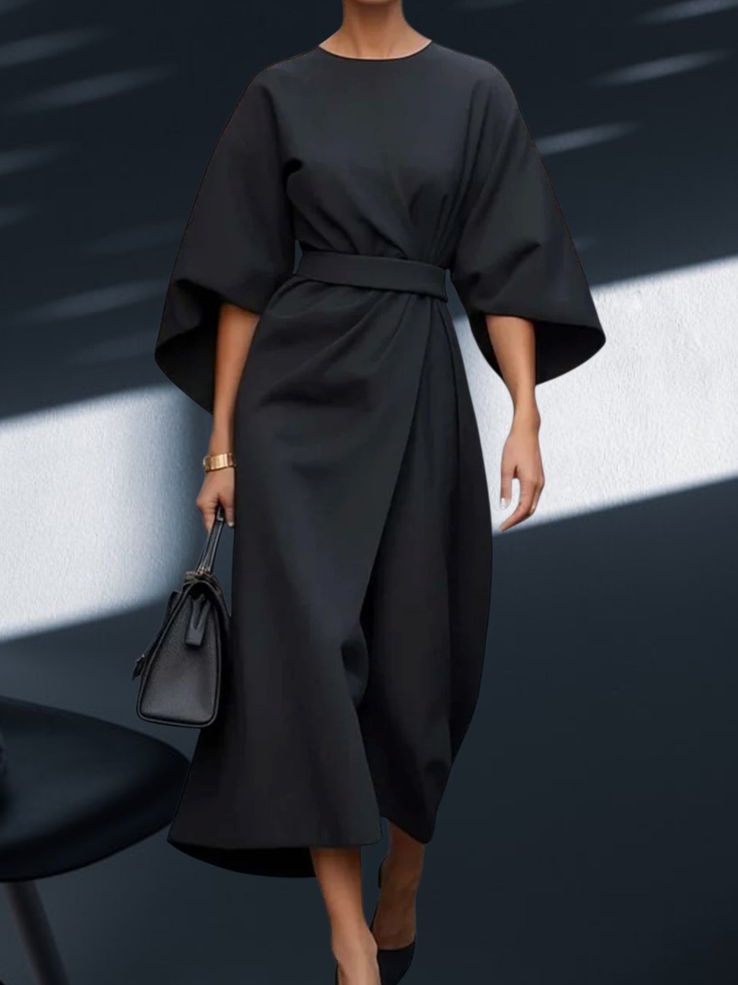 Veda | Women's Elegant Lantern Sleeve Dress with Adjustable Waist Tie for a Flattering Fit | Black