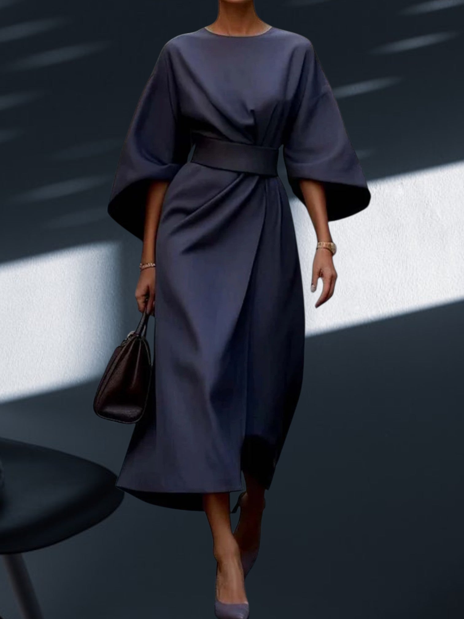 Veda | Women's Elegant Lantern Sleeve Dress with Adjustable Waist Tie for a Flattering Fit | Blau