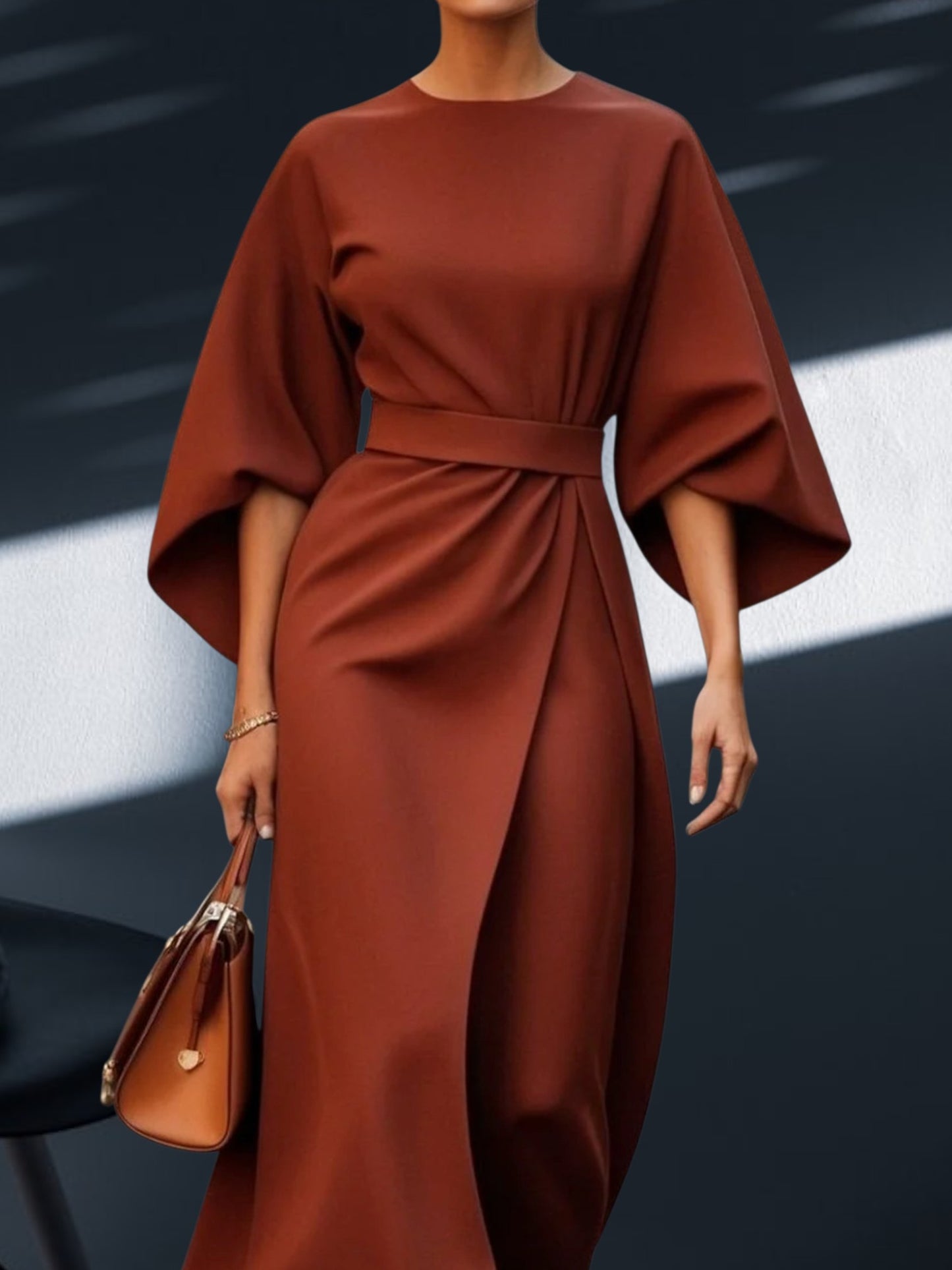 Veda | Women's Elegant Lantern Sleeve Dress with Adjustable Waist Tie for a Flattering Fit | Brown