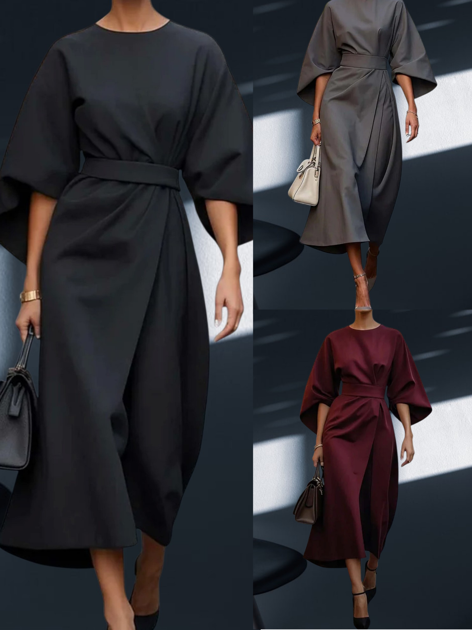 Veda | Women's Elegant Lantern Sleeve Dress with Adjustable Waist Tie for a Flattering Fit | Brown 2