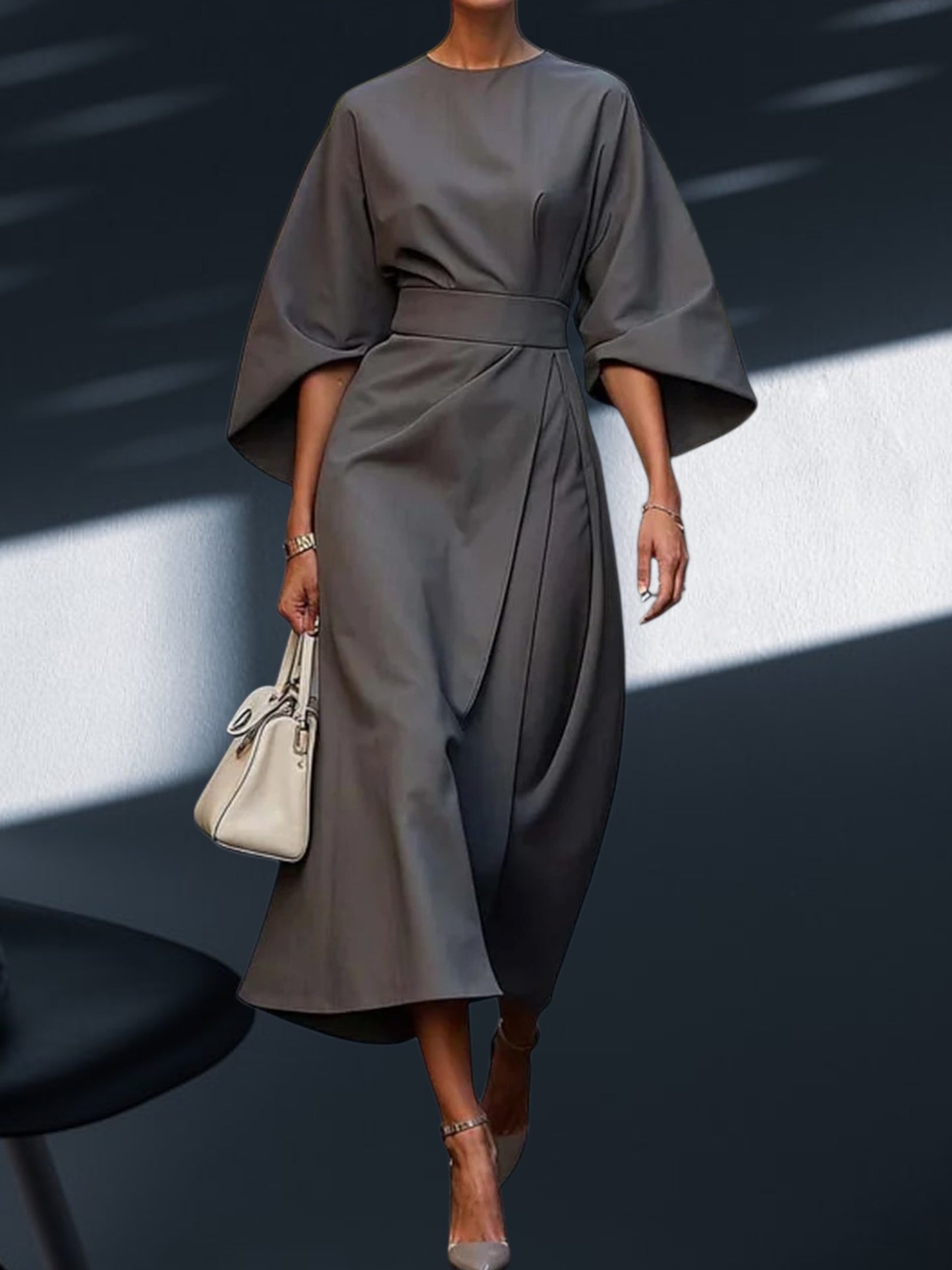 Veda | Women's Elegant Lantern Sleeve Dress with Adjustable Waist Tie for a Flattering Fit | Gray