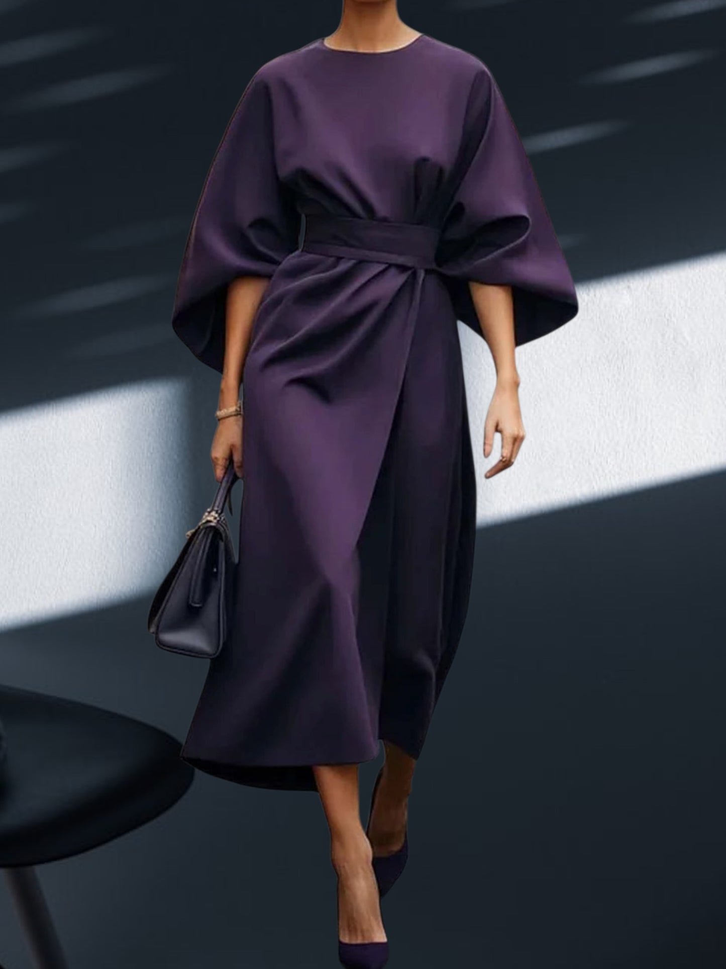 Veda | Women's Elegant Lantern Sleeve Dress with Adjustable Waist Tie for a Flattering Fit | Purple