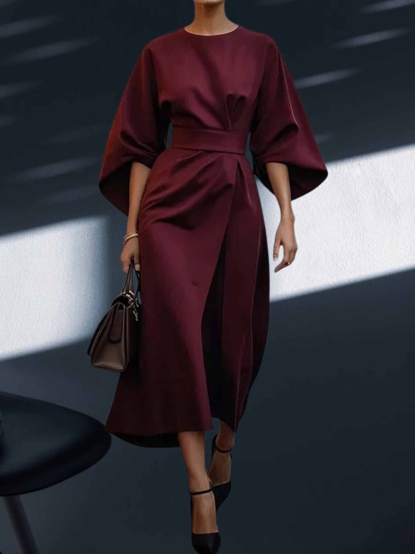 Veda | Women's Elegant Lantern Sleeve Dress with Adjustable Waist Tie for a Flattering Fit | Red
