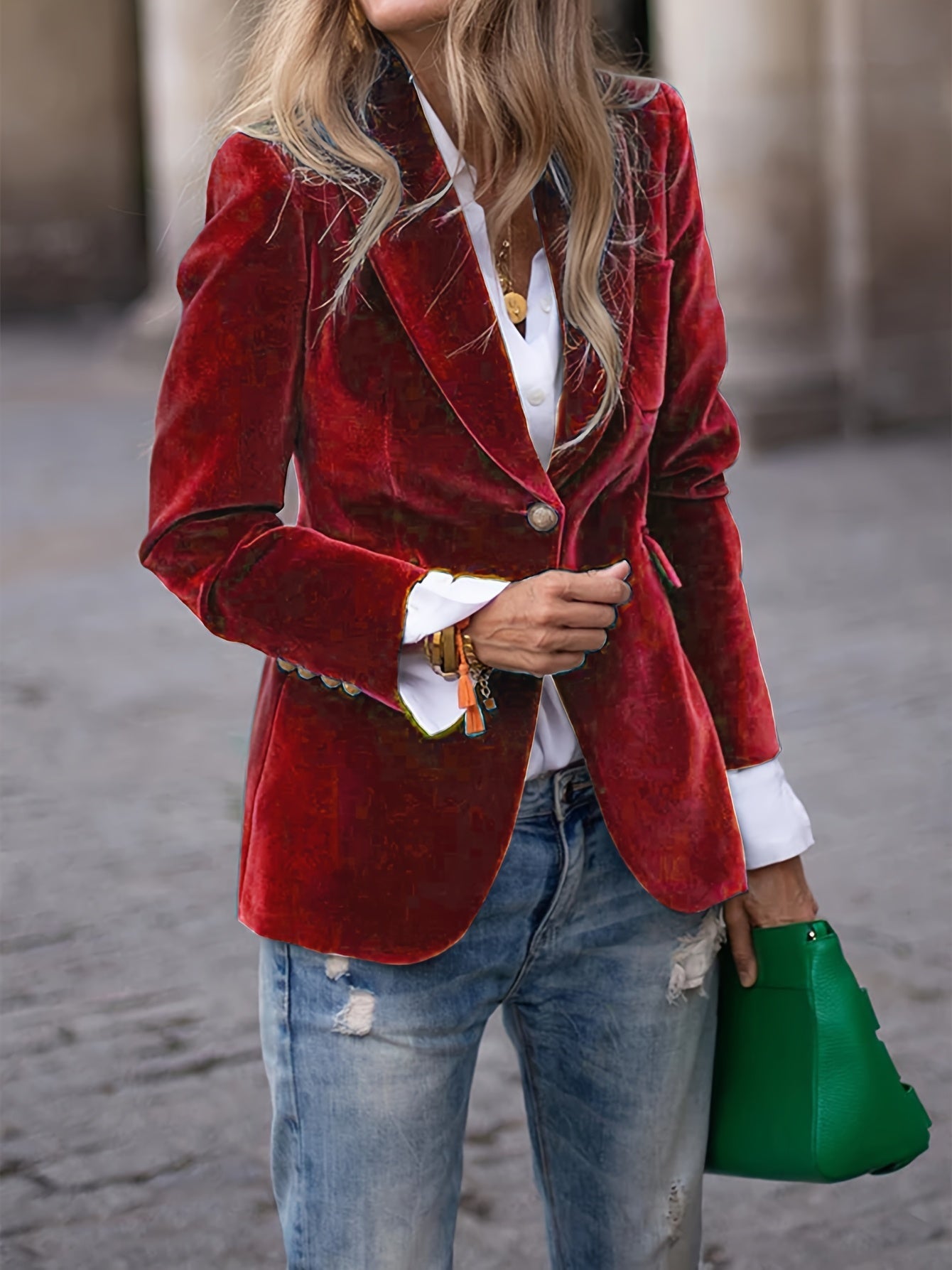 Velvet Blazer for Women | Tailored Fit, Gold Button Accents | Burgundy