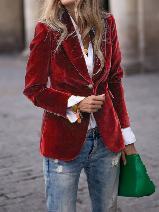 Velvet Blazer for Women | Tailored Fit, Gold Button Accents | Burgundy