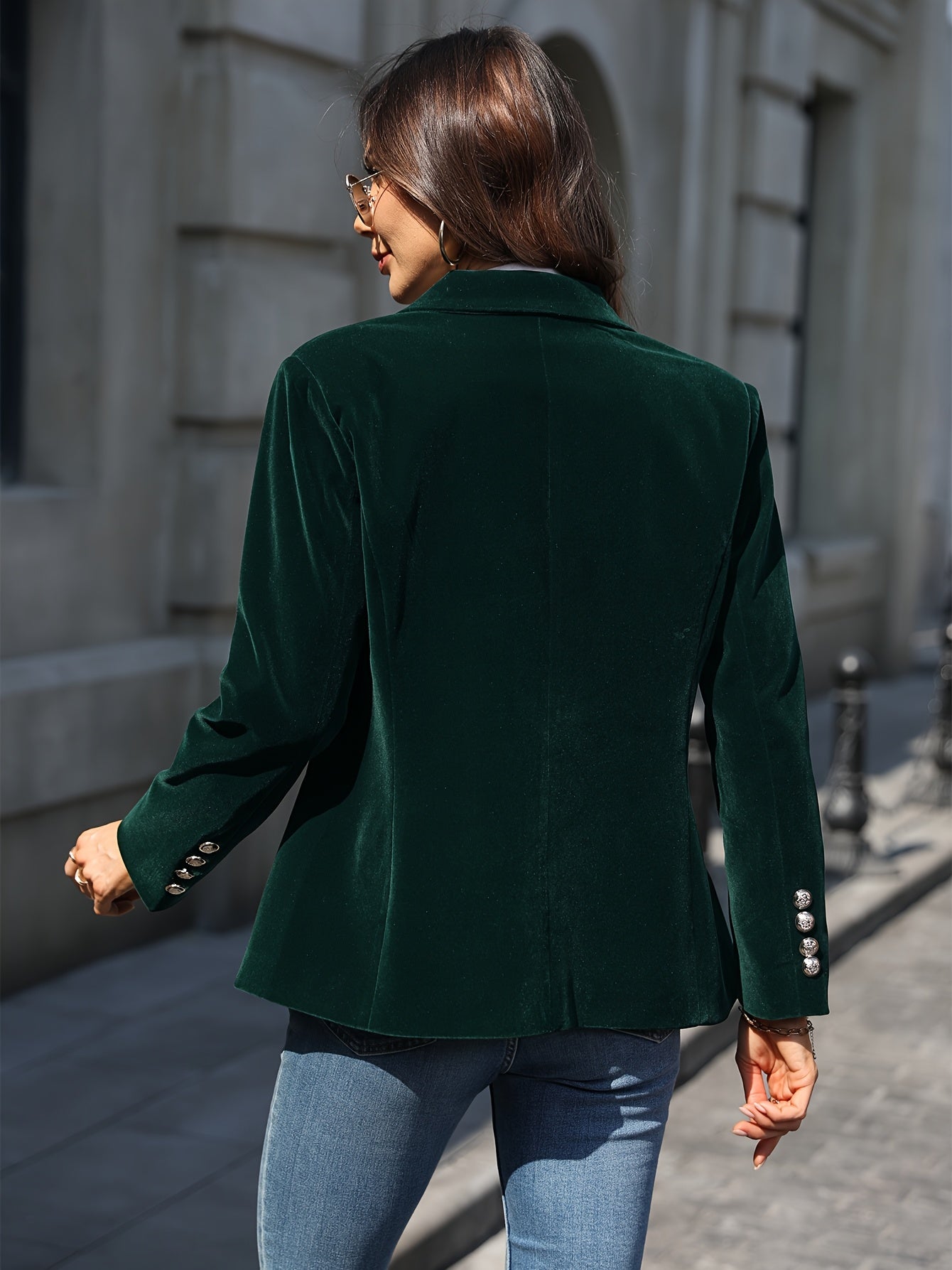 Velvet Blazer for Women | Tailored Fit, Gold Button Accents | Dark Green1