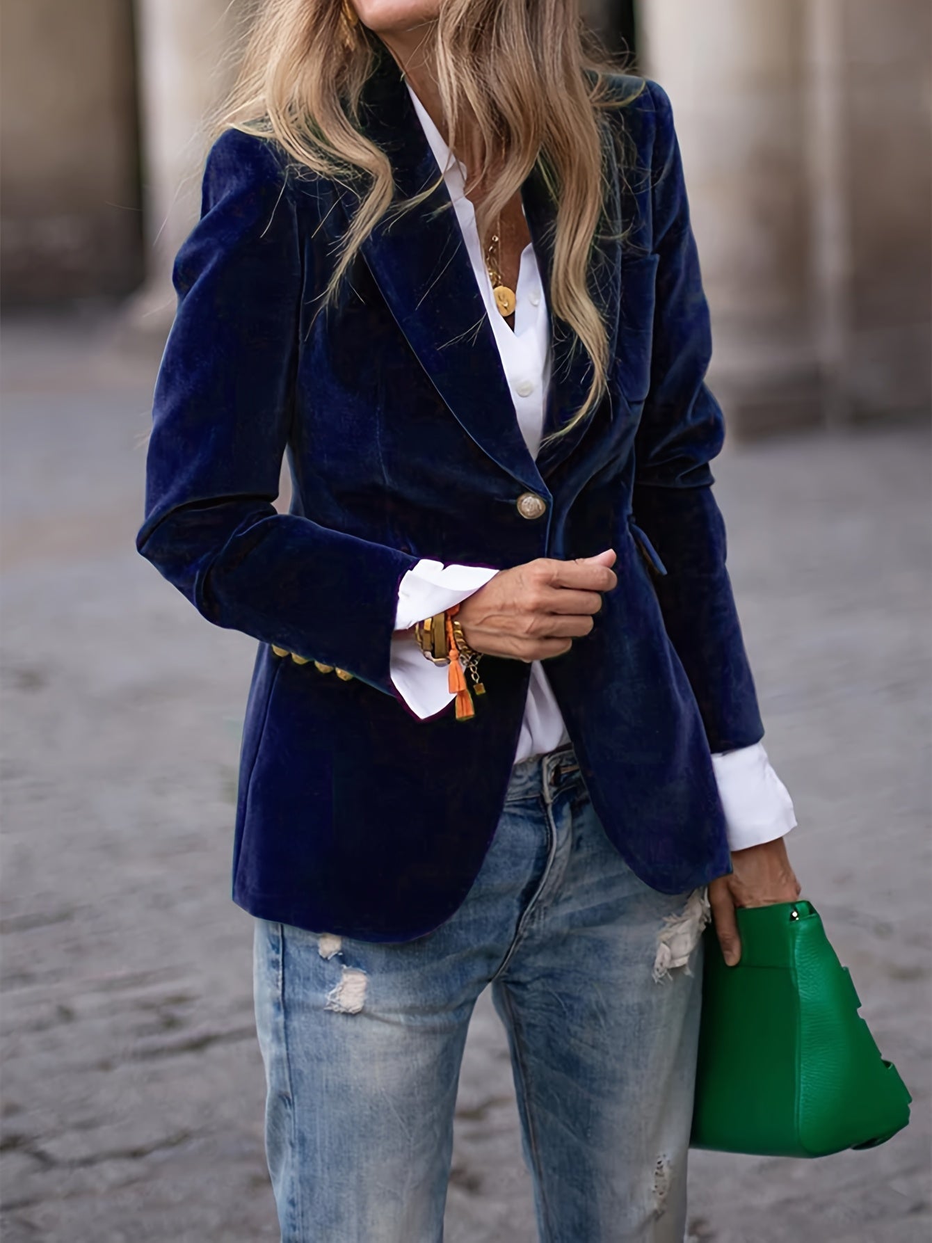 Velvet Blazer for Women | Tailored Fit, Gold Button Accents | Navy Blue