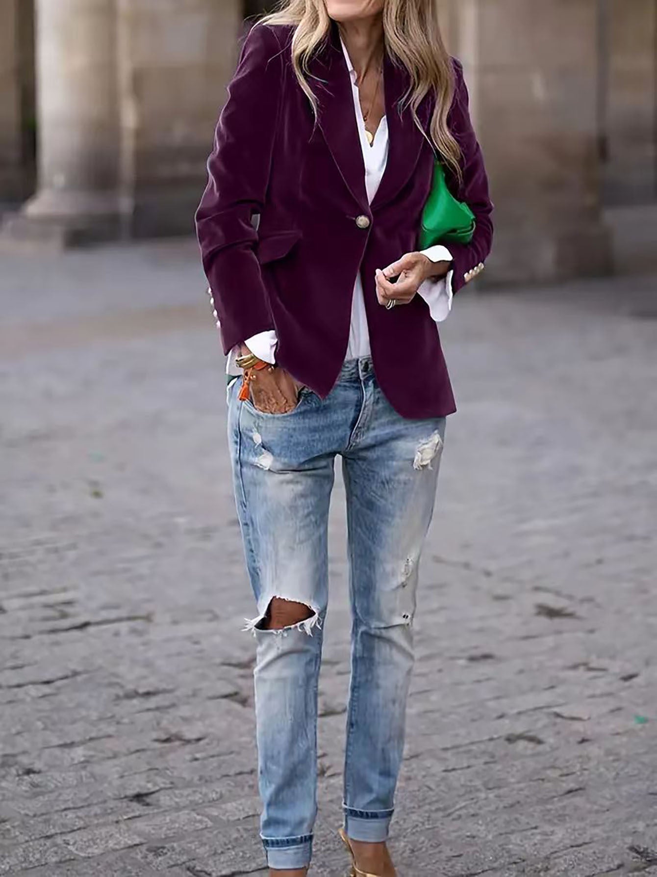 Velvet Blazer for Women | Tailored Fit, Gold Button Accents | Purple