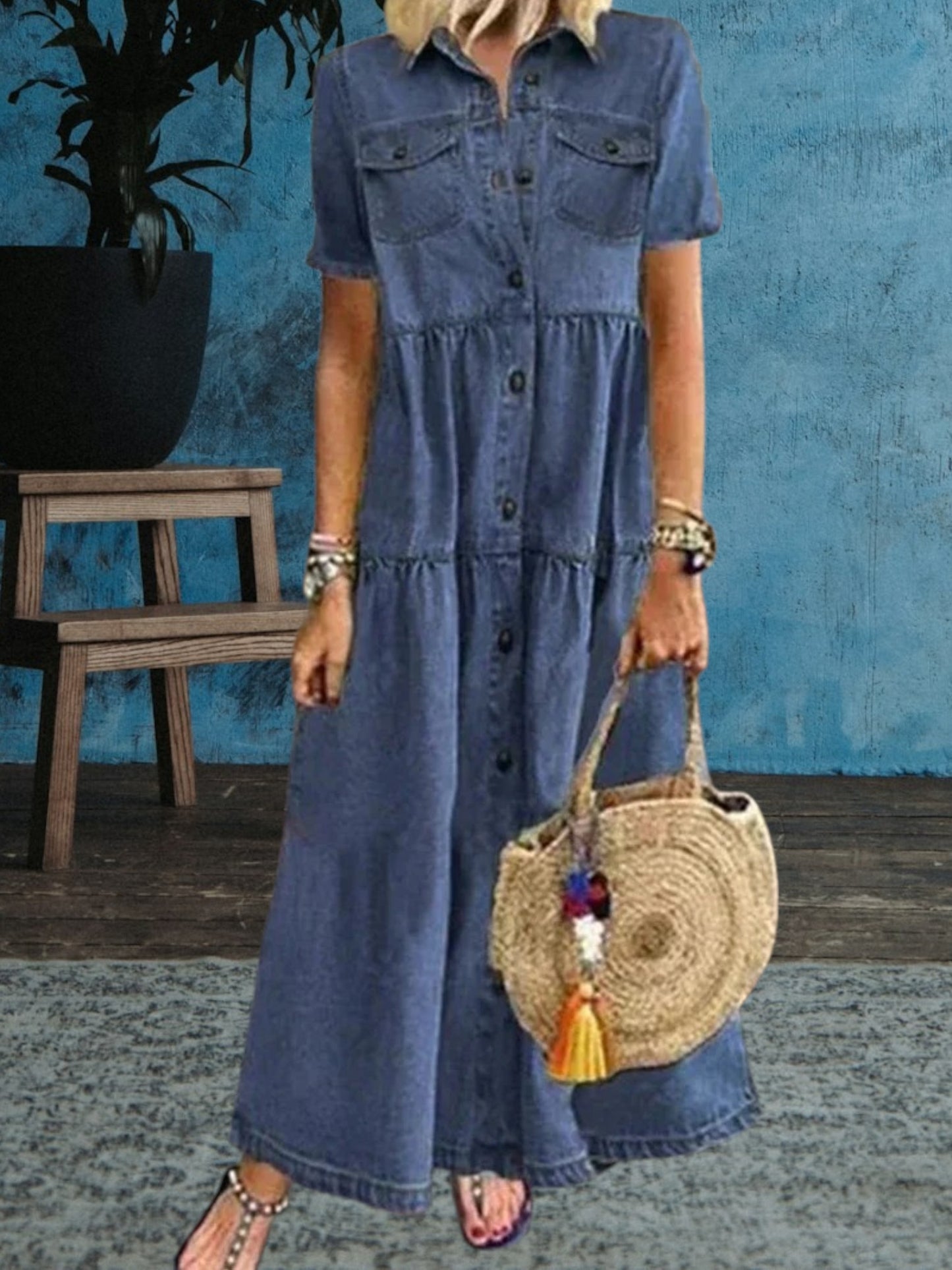 Vibeke | Women's Soft Denim Maxi Dress with Flattering Fit and Sleeveless Design | Dark Blue 