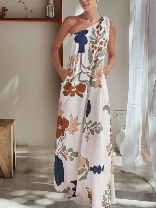 Vidda | Elegant White One-Shoulder Maxi Dress with Tie-Up and Side Pockets for Women | white