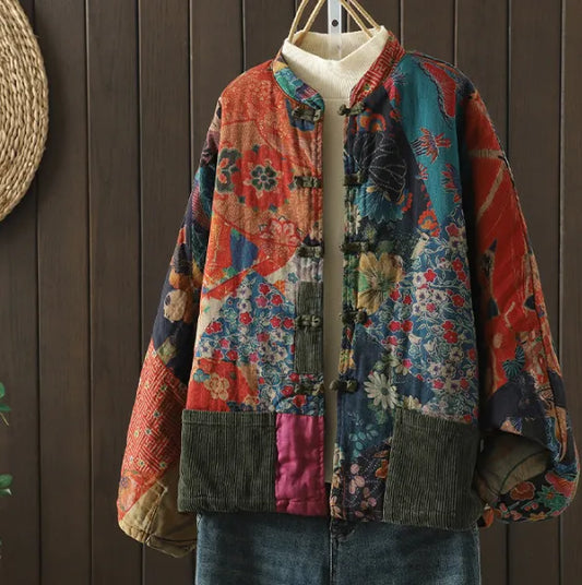 Vintage Coat for Women | Loose Fit, Button Print | Orange1