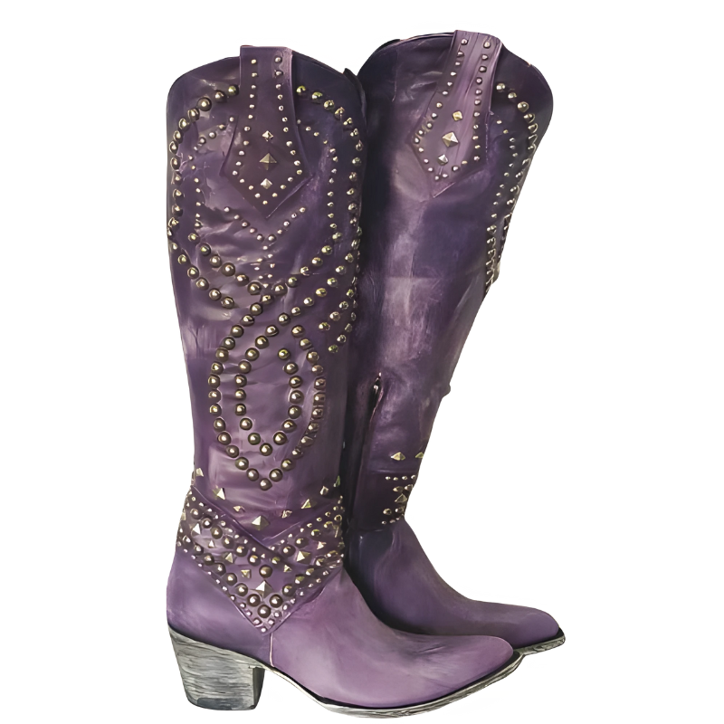 Vintage High-Cut Boots for Women | Chunky Heel | Purple