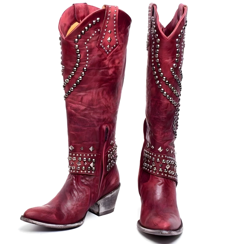 Vintage High-Cut Boots for Women | Chunky Heel | Red