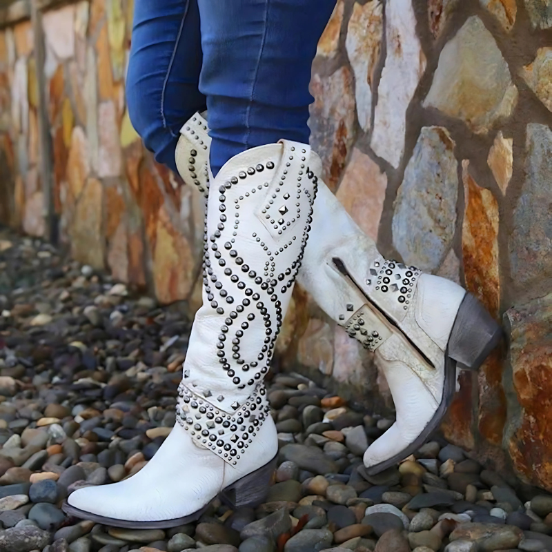 Vintage High-Cut Boots for Women | Chunky Heel | White