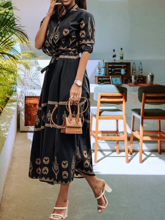 Vintage Maxi Dress Elegant Button and Belt High Waist with Fashion Print short sleeves | Black