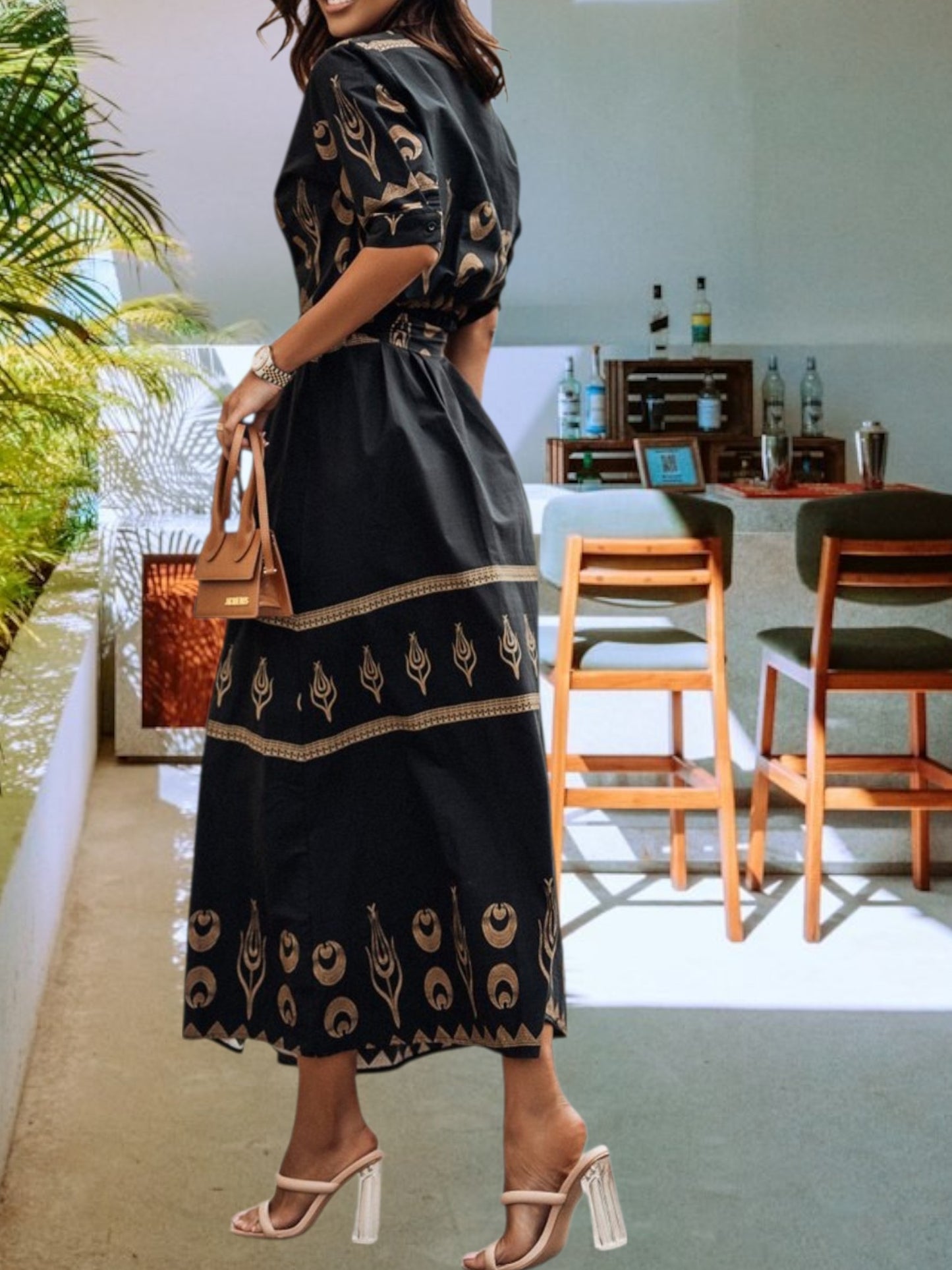 Vintage Maxi Dress Elegant Button and Belt High Waist with Fashion Print short sleeves | Black 2